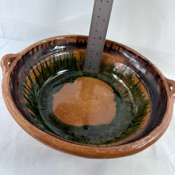 Vintage Handmade Drip Pottery Bowl With Handles Brown Green *Has Small Crack* - Picture 5 of 11